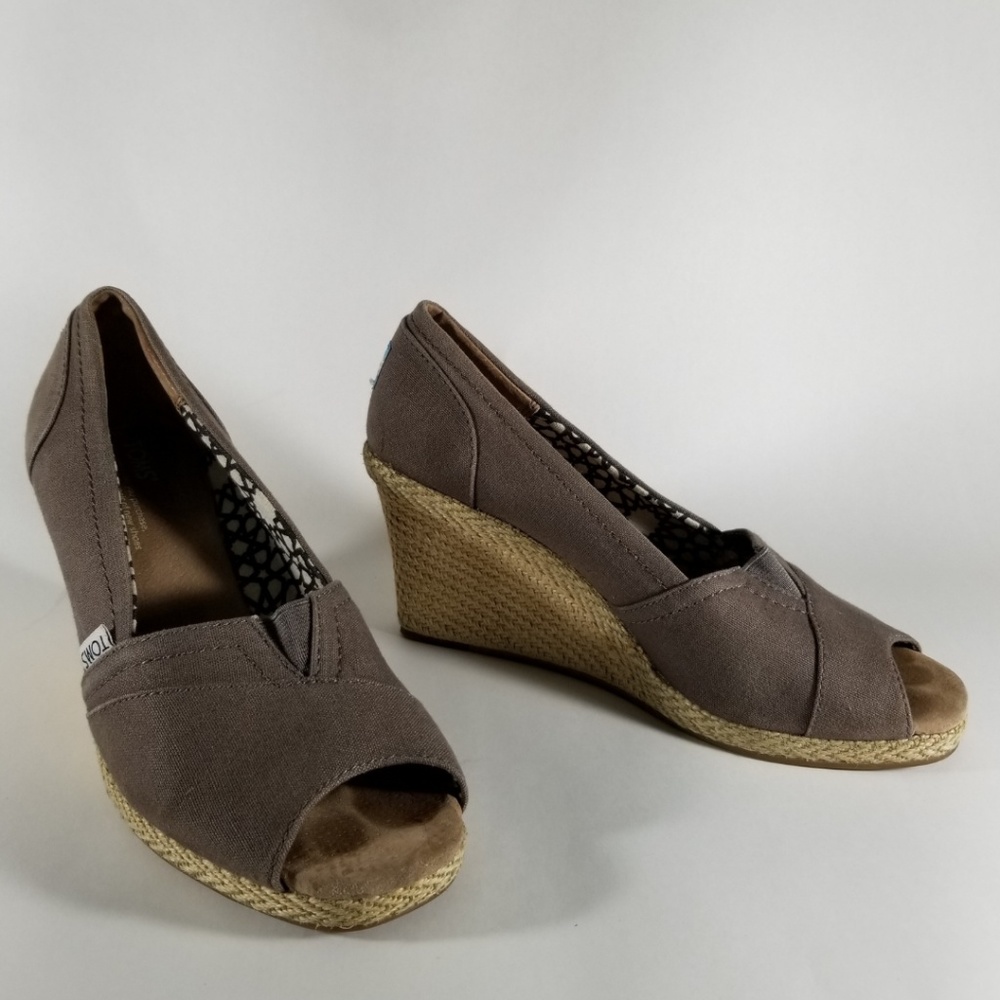 TOMS Gray Canvas Peep Toe Espadrille Wedges